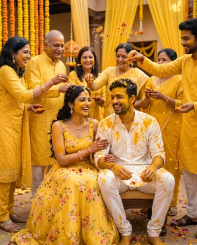 AI-generated image: Joyful Haldi Ceremony Couple Prompt: Sunlit Wedding Aesthetic