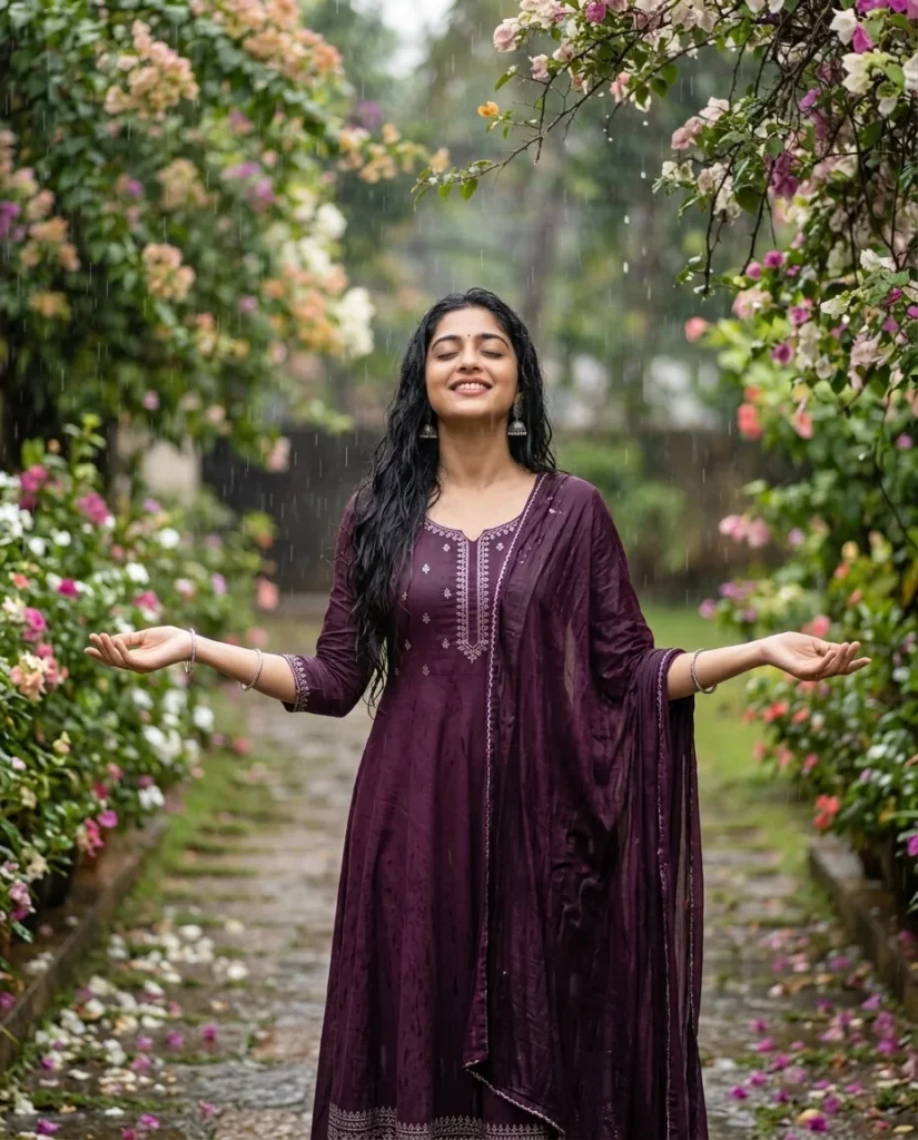 Joyful Rainy Day Portrait: Rain Prompt for Woman
