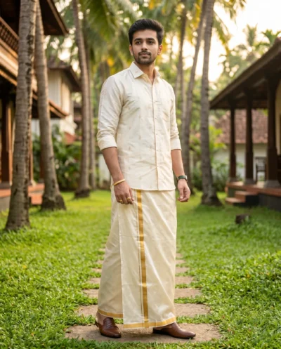 AI-generated image: Lush Kerala Groom Portrait Prompt: Golden Hour Elegance