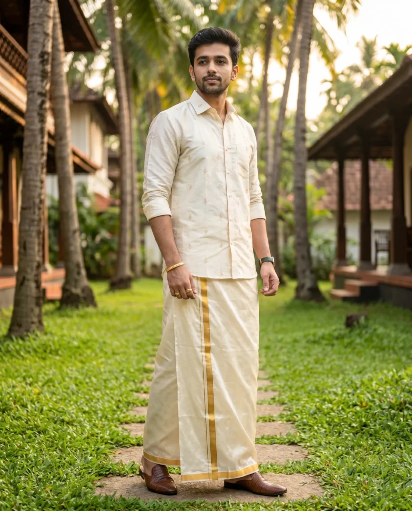 Lush Kerala Groom Portrait Prompt: Golden Hour Elegance