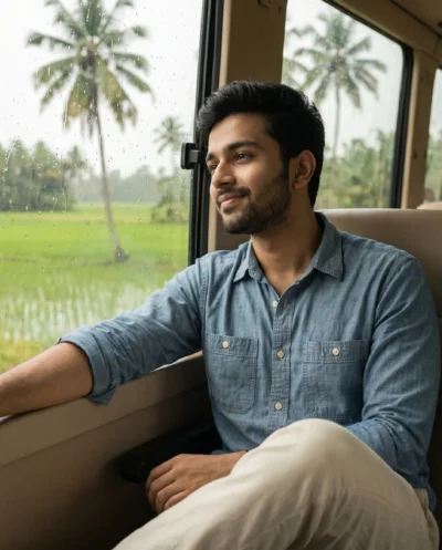 AI-generated image: Cinematic Kerala Monsoon Portrait Prompt: Rain Window Aesthetic
