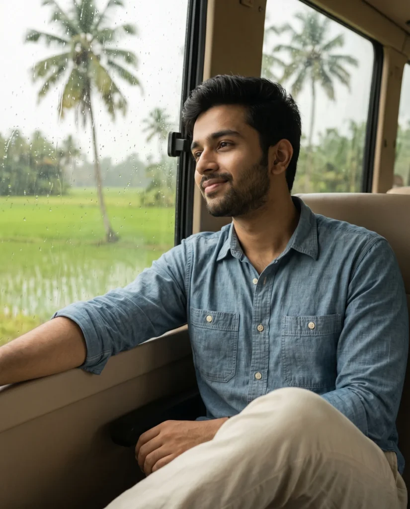 Cinematic Kerala Monsoon Portrait Prompt: Rain Window Aesthetic