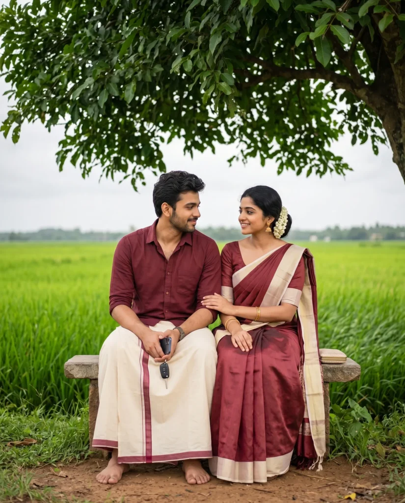 Kerala Traditional Couple Prompt: Cinematic Paddy Field Portrait