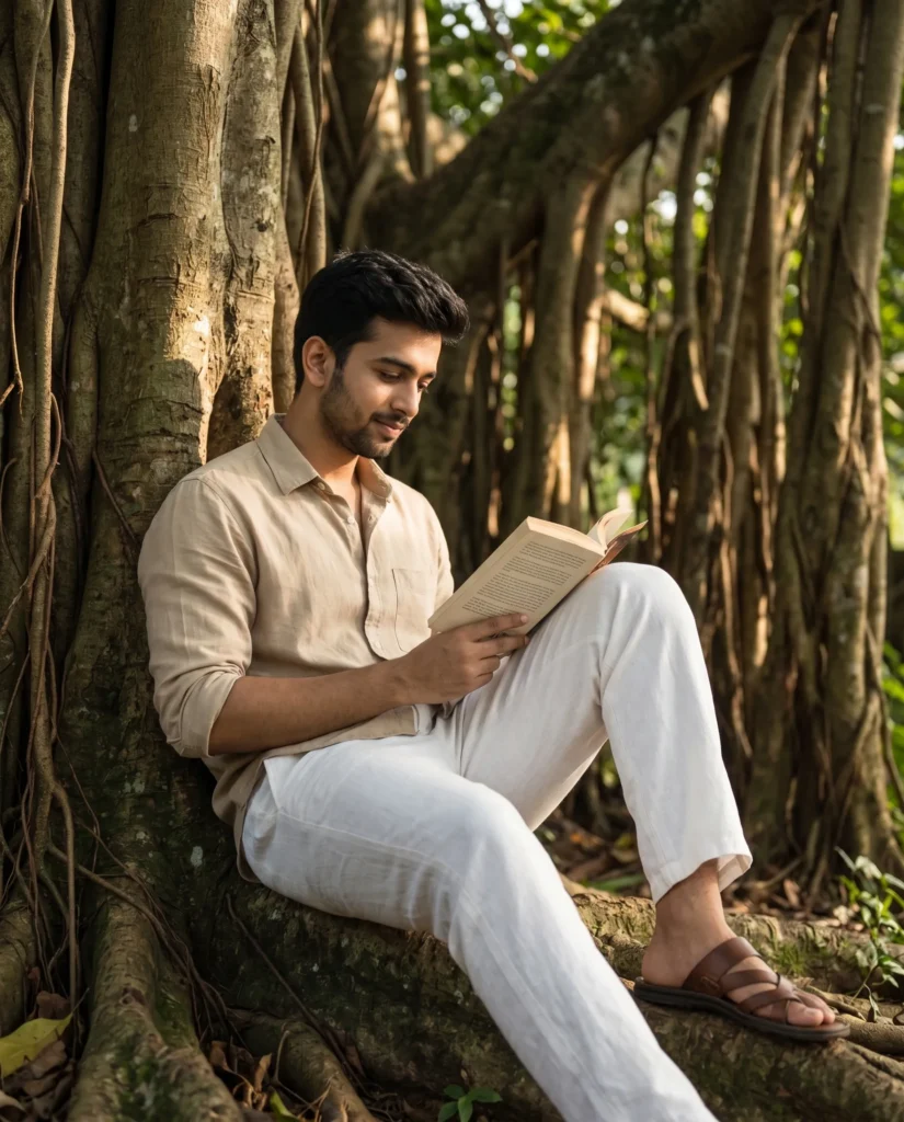 Man Reading Book AI Prompt: Lifestyle Portrait Under a Banyan Tree