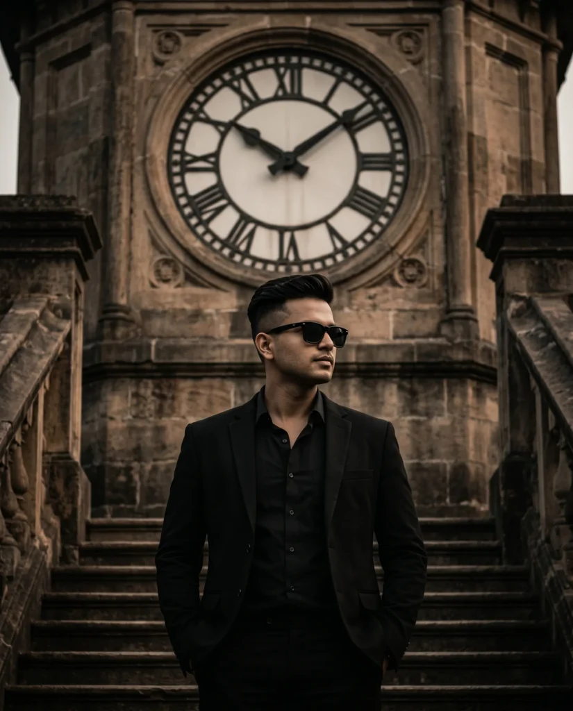 Moody Cinematic Man Portrait Prompt (with Clock Tower)