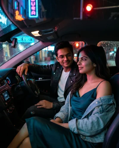 Neon Car Couple AI Prompt: Cinematic Night Drive