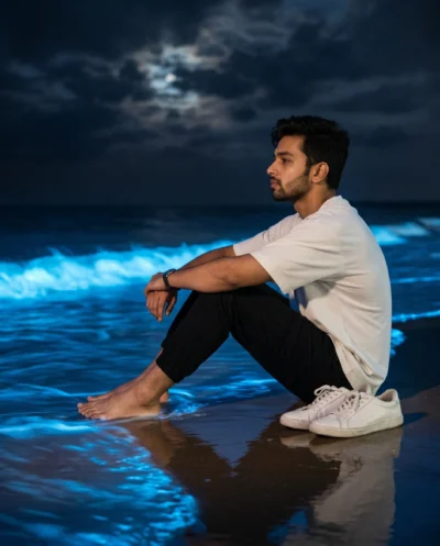 AI-generated image: Glowing Beach Portrait Prompt: Bioluminescent Waves (Gemini)
