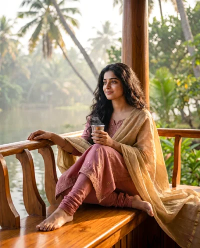 AI-generated image: Peaceful Kerala Woman Portrait Prompt: Morning Chai