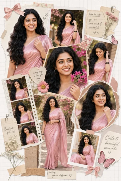 Dreamy Scrapbook Style Aesthetic Collage Pink Saree AI Prompt