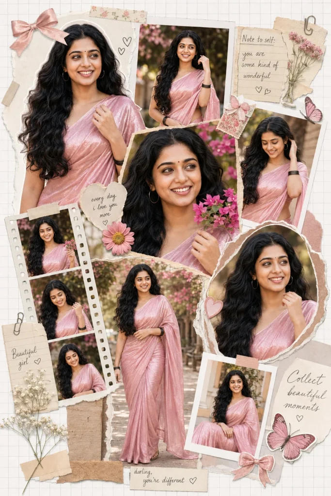 Dreamy Scrapbook Style Aesthetic Collage Pink Saree AI Prompt