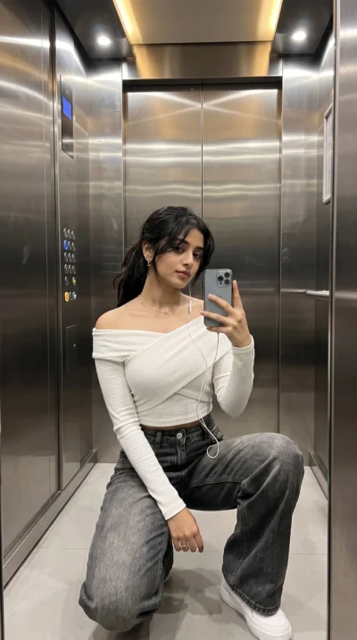 Stylish Girl Taking Elevator Mirror Selfie (Gemini Prompt)