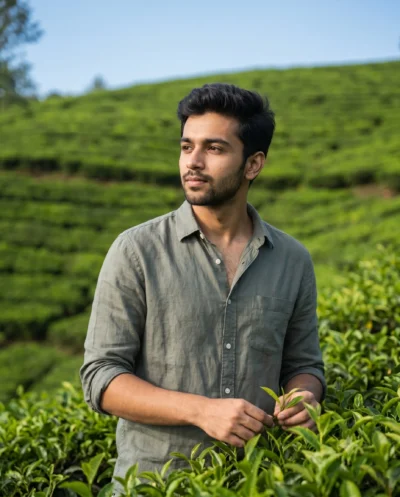 AI-generated image: Cinematic Tea Plantation Portrait of a Young Man (Gemini Prompt)