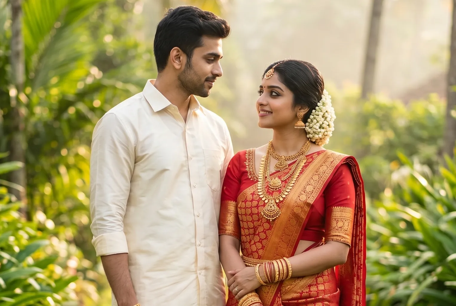 A high-resolution traditional couple ai images prompt generation showing an Indian bride and groom in rich wedding attire, standing on a lush Kerala pathway bathed in warm golden hour cinematic lighting.