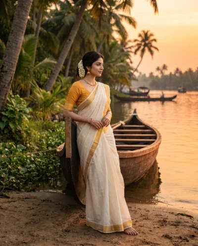 AI-generated image: Kerala Kasavu Saree Portrait AI Prompt: Golden Sunset