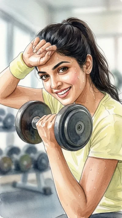 AI-generated image: Watercolor Fitness Illustration AI Prompt: Smiling Strong Woman
