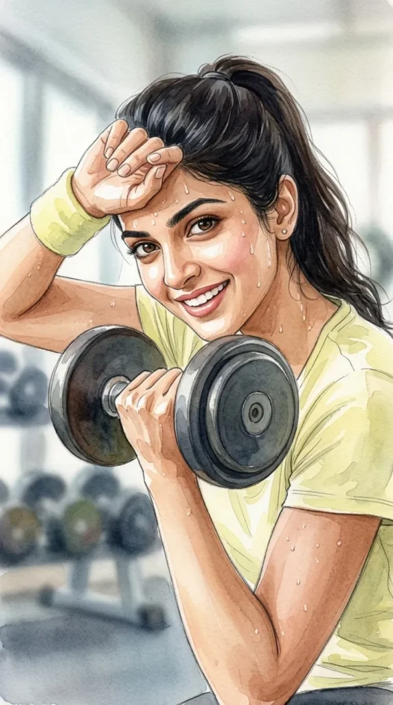 Watercolor Fitness Illustration AI Prompt: Smiling Strong Woman