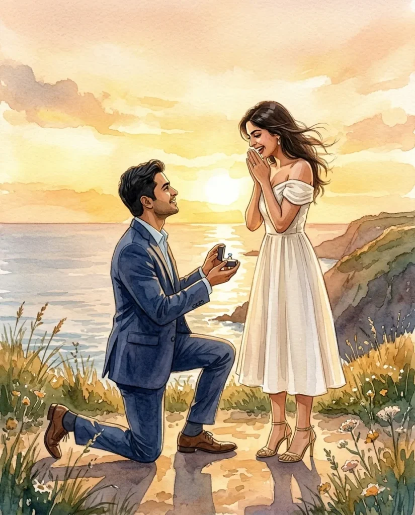 Watercolor Marriage Proposal Illustration on Sunset Clifftop (Gemini Prompt)