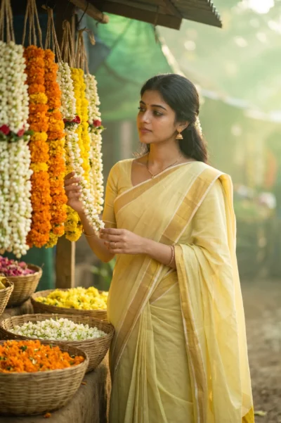 AI-generated image: Woman in Kasavu Saree Prompt: Golden Hour Flower Market