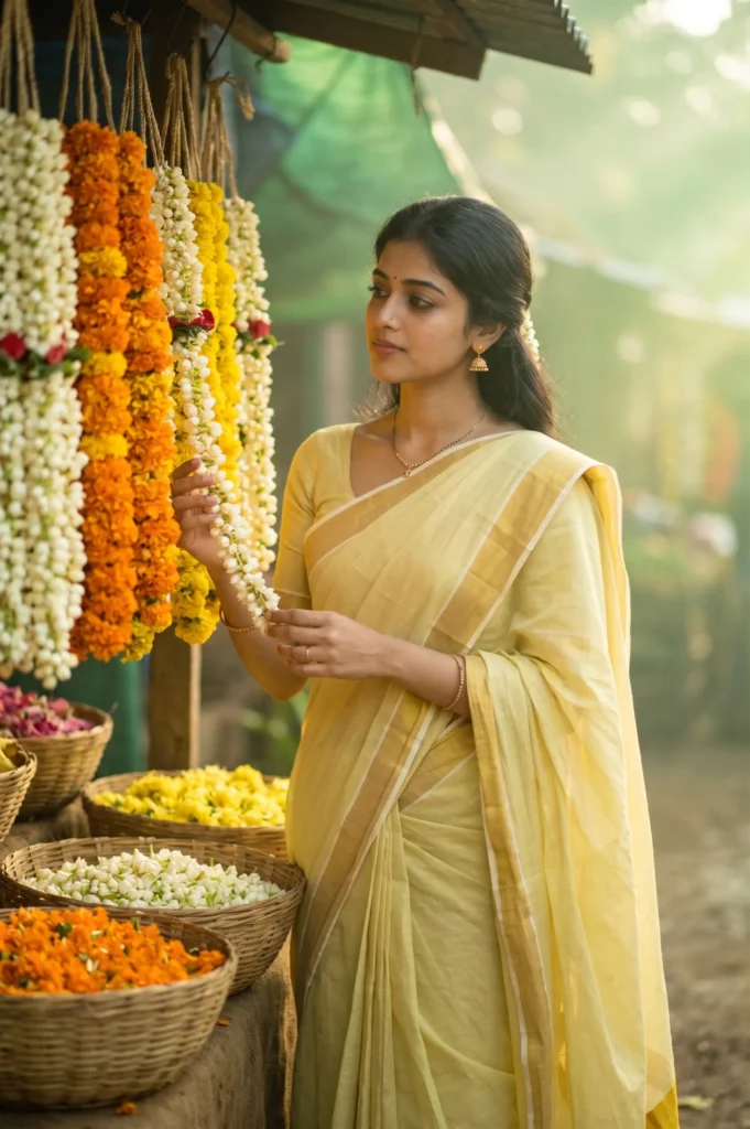Woman in Kasavu Saree Prompt: Golden Hour Flower Market