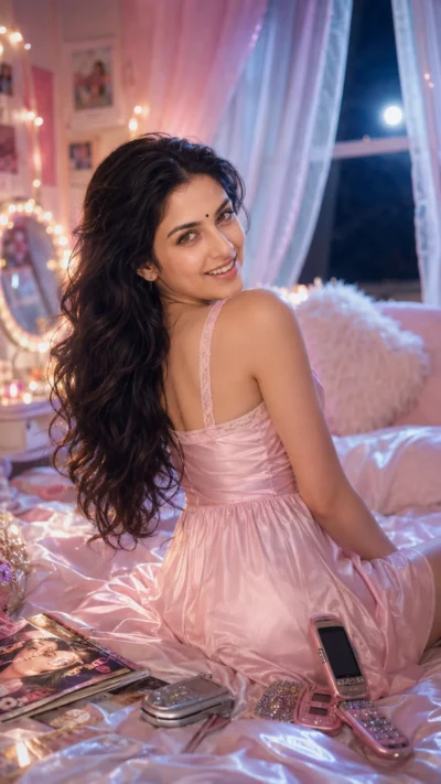 Y2K Night Dress Portrait AI Prompt: Pastel Pink Satin