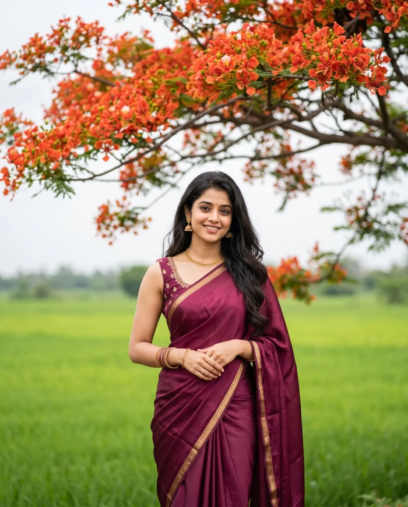 Silk Saree Portrait Prompt: Cinematic Krishnachura Aesthetic