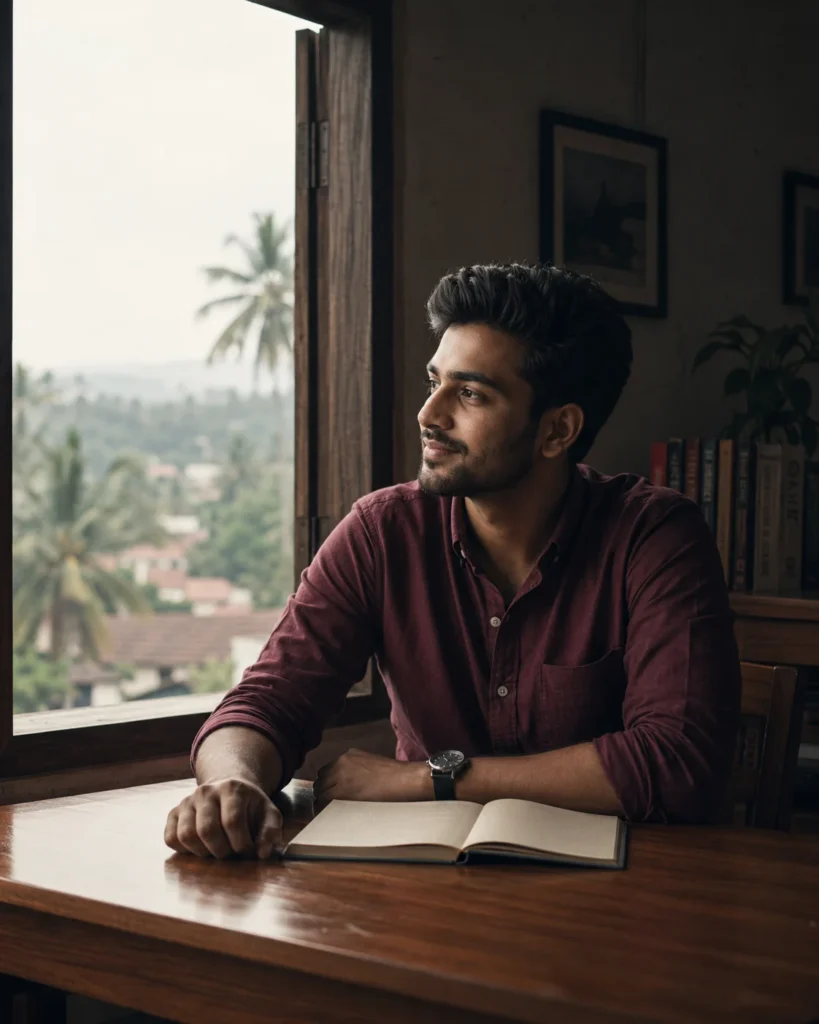 Cinematic Kerala Morning: Contemplative Man AI Prompt