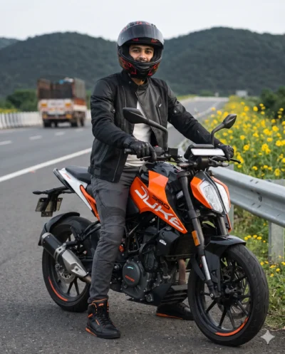 AI-generated image: Bike Pose Prompt: Man on KTM Duke Highway Portrait