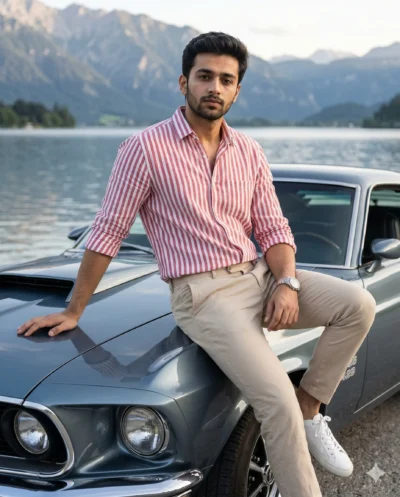 AI-generated image: Car Pose Prompt: Cinematic Man Portrait with Vintage Mustang