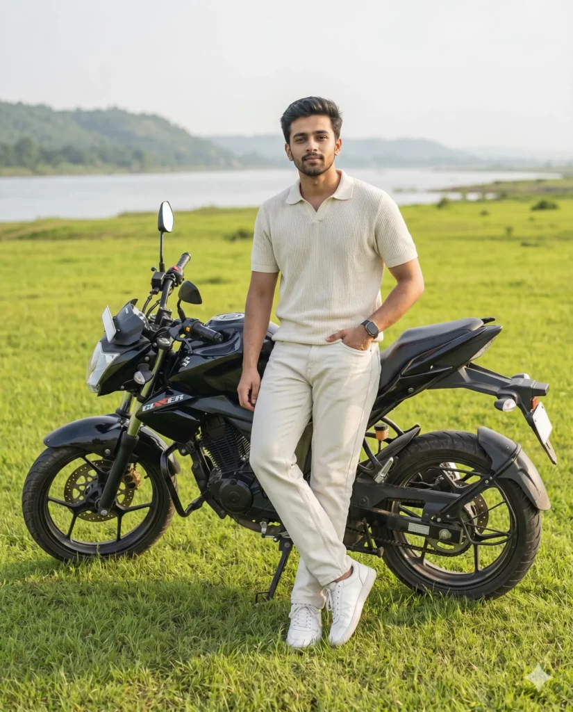 Bike Photo Prompt: Cinematic Man and Suzuki Gixxer