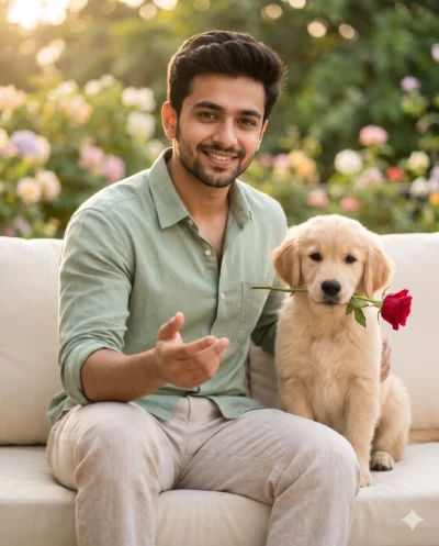 AI-generated image: Gemini Romantic Prompt: Handsome Man and Puppy