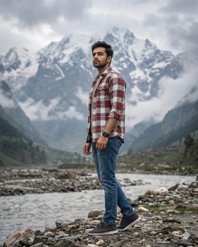 AI-generated image: Mountain travel portrait prompt featuring snowy peaks