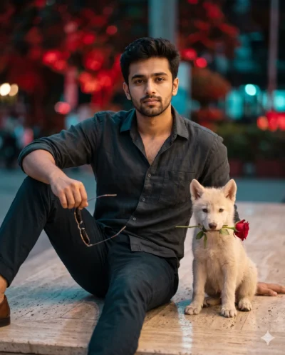 AI-generated image: Romantic Prompt: Man and Wolf Pup Gemini Portrait
