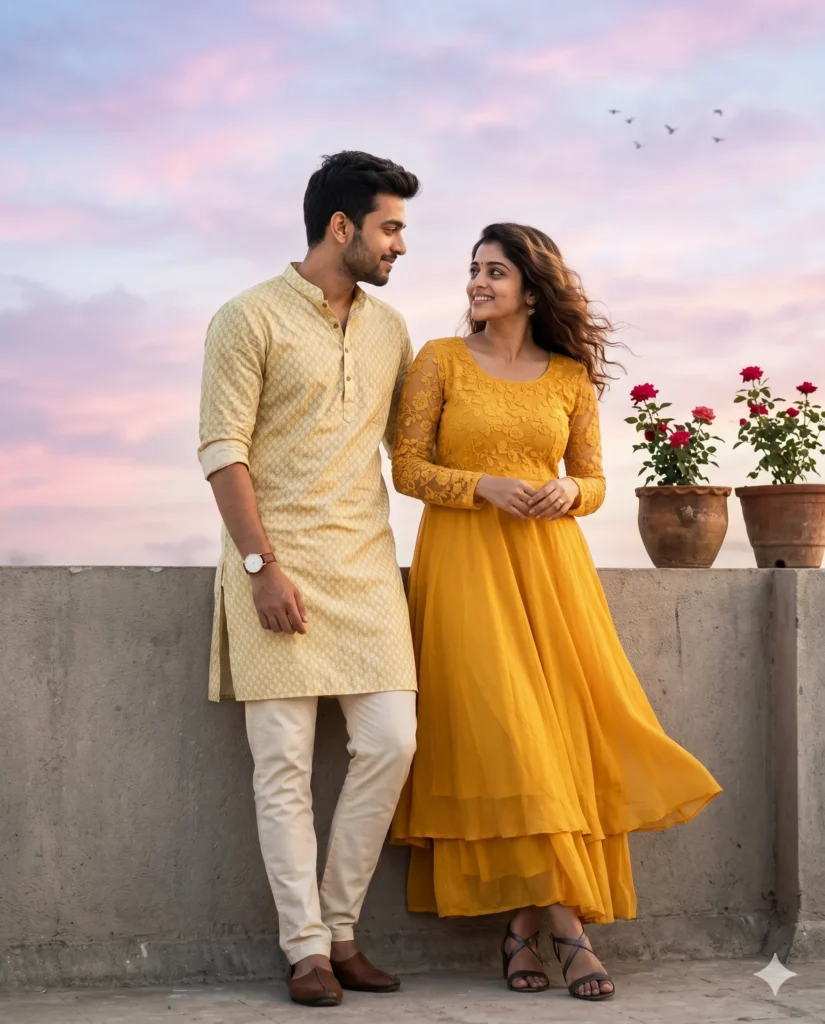 Rooftop Prompt for a Sunset Couple Portrait in Ethnic Wear