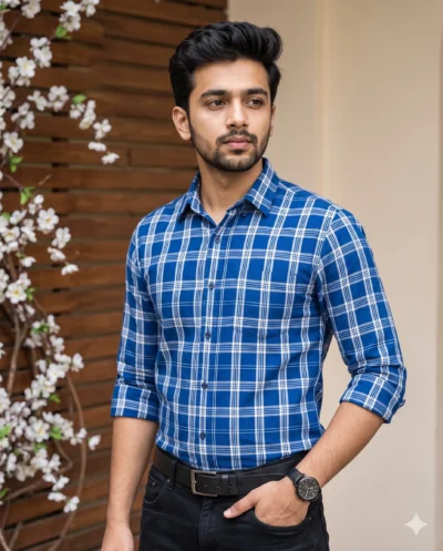 Shirt Prompt: Men’s Royal Blue Plaid Editorial Portrait