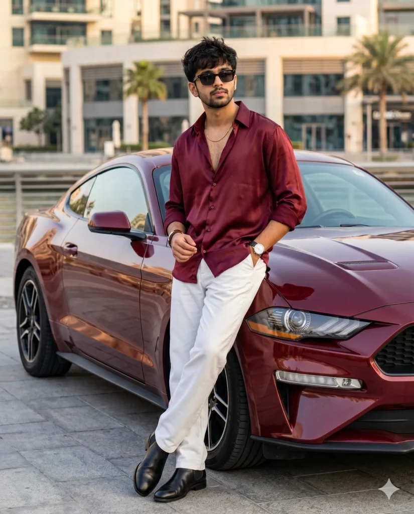 Car Photo Prompt: Stylish Man with Maroon Mustang