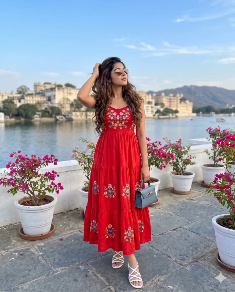 Gemini Travel Prompt: Woman in Red Maxi Dress Lakeside Portrait