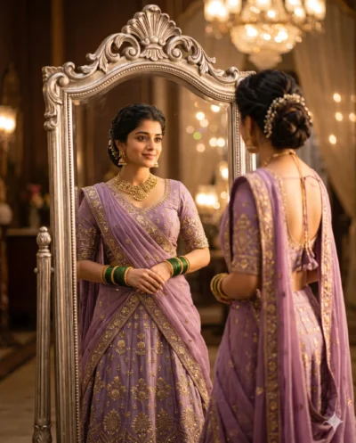 AI-generated image: Mirror Prompt: Cinematic Woman in Purple Lehenga