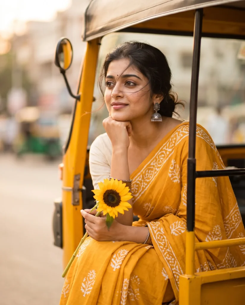 Yellow Saree Portrait Prompt: Cinematic Golden Hour