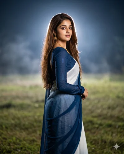 AI-generated image: Saree Portrait Prompt: Cinematic Night Field Woman