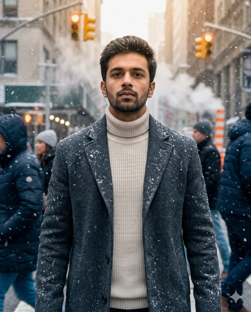 Gemini Winter Prompt: Confident Man City Portrait