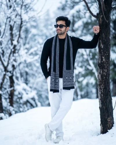 Winter photo prompt: Cinematic snowy landscape portrait