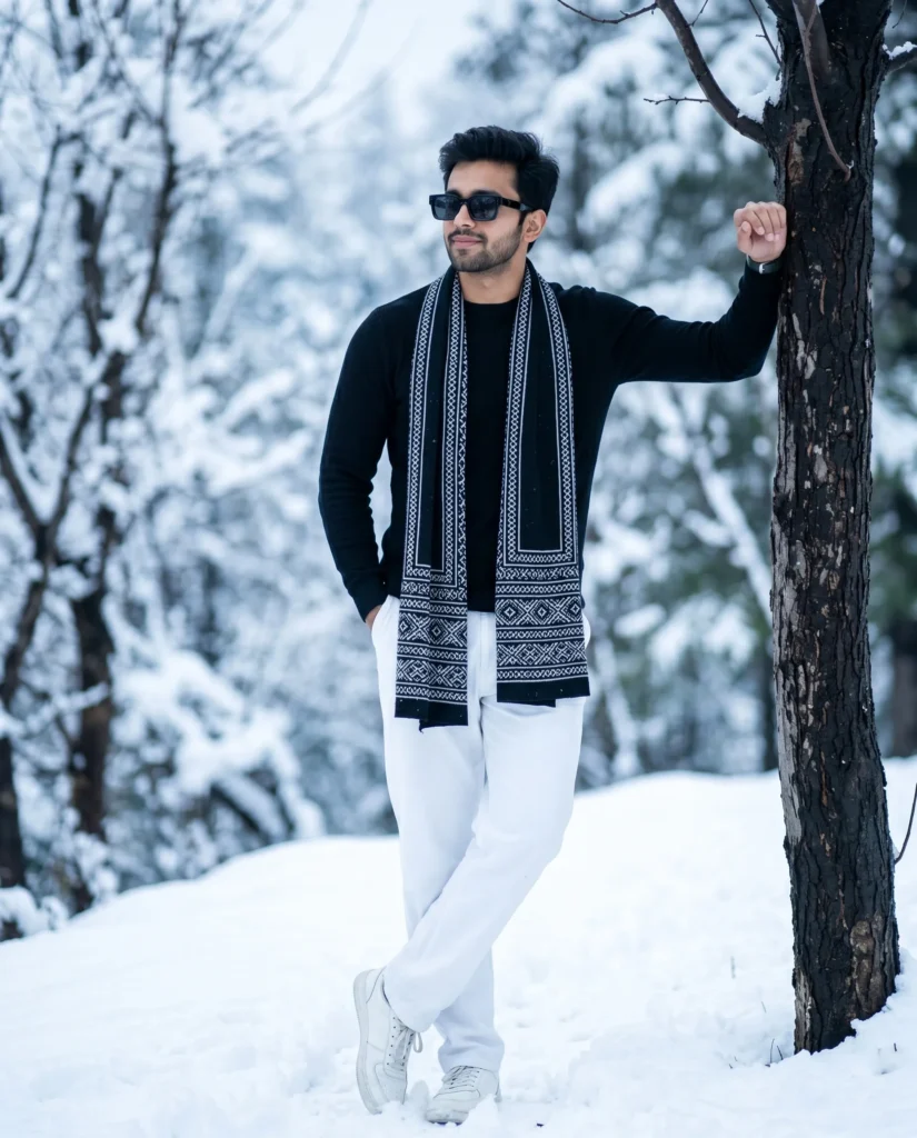 Winter photo prompt: Cinematic snowy landscape portrait
