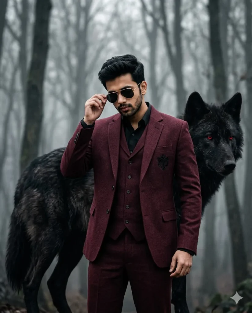 Black Wolf Prompt: Cinematic Man in Maroon Suit