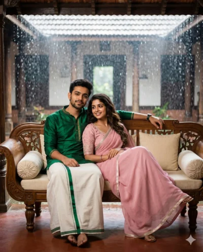 AI-generated image: Traditional Couple AI Prompt: Rainy Kerala Veranda