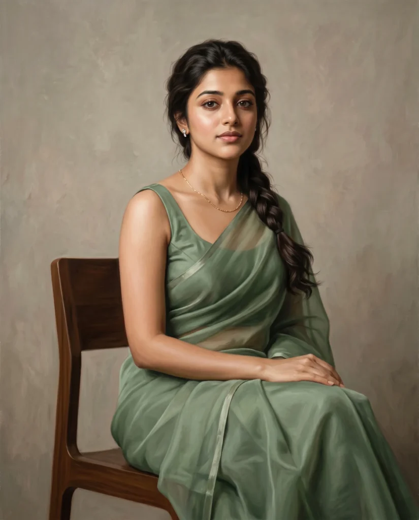 Realistic Oil Painting Prompt: Green Saree Portrait