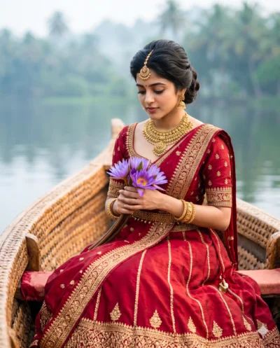 AI-generated image: Bridal Photoshoot Prompt: Elegant South Asian Bride on Lake