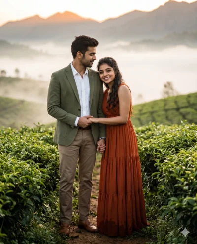 AI-generated image: Couple Photoshoot Prompt: Tea Garden Sunrise