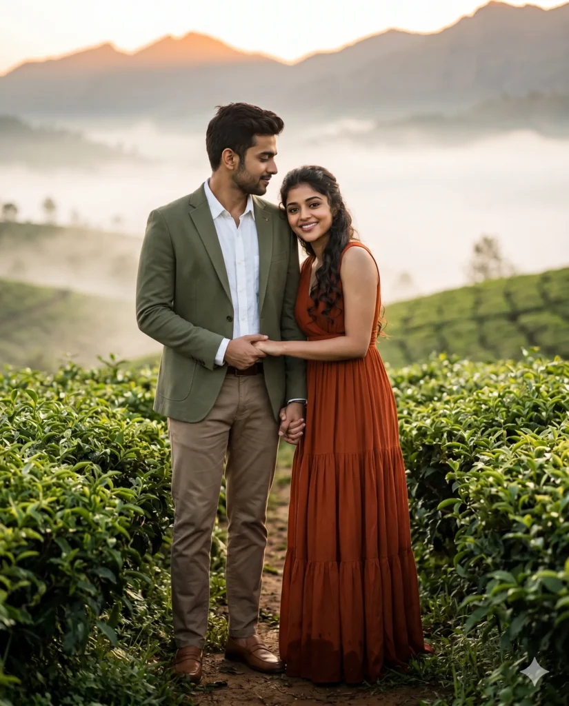 Couple Photoshoot Prompt: Tea Garden Sunrise