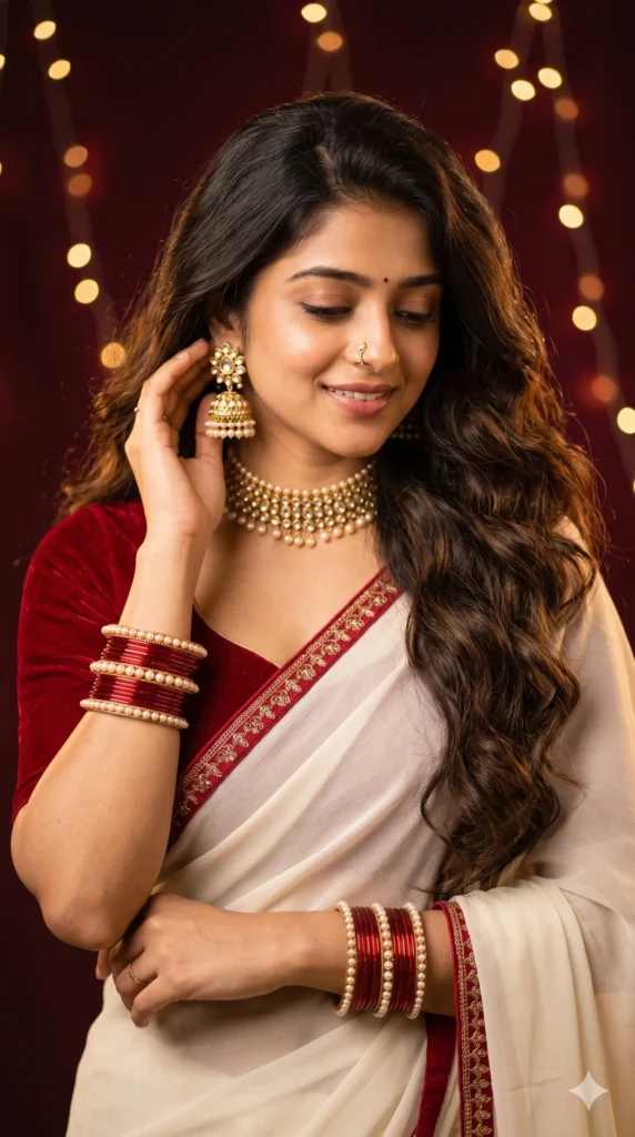 Bridal Photo Prompt: Ivory Saree Woman