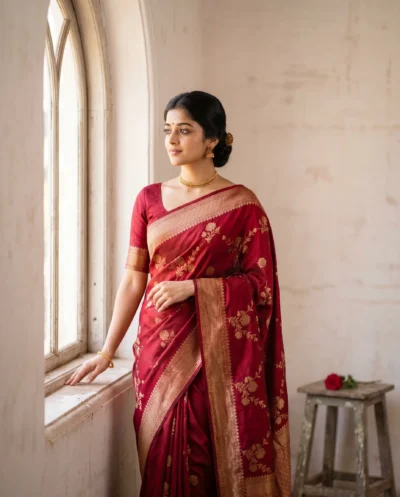 Vintage Indian Woman Portrait: Deep Crimson Saree Gemini Prompt